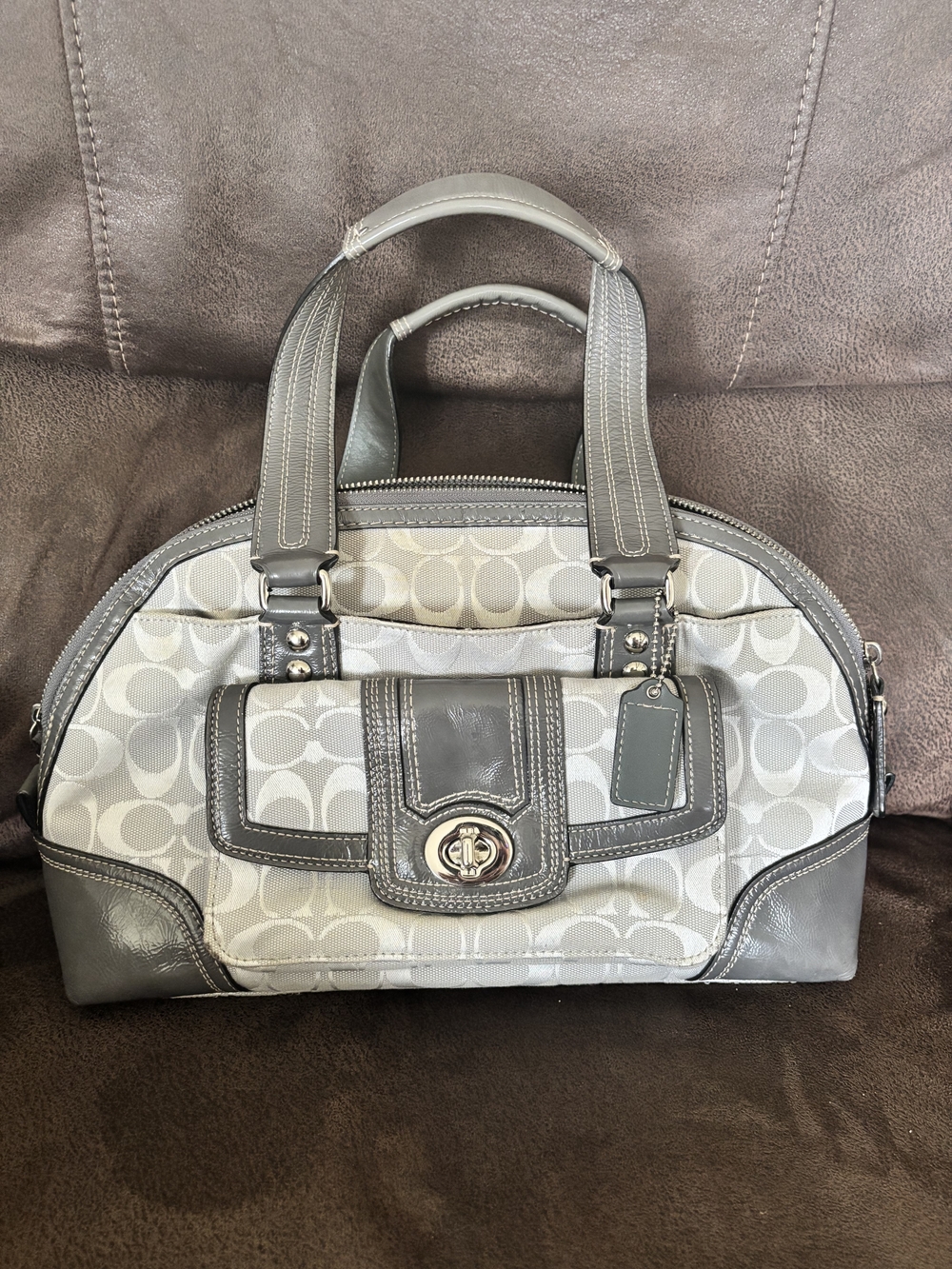 Coach Grey and White Signature Satchel with Turnlock Accent